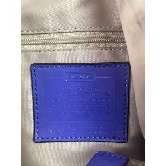 Coach Signature Stripe Hobo Bag F20064 Khaki/Blue Patent Leather Trim - Picture 3 of 16